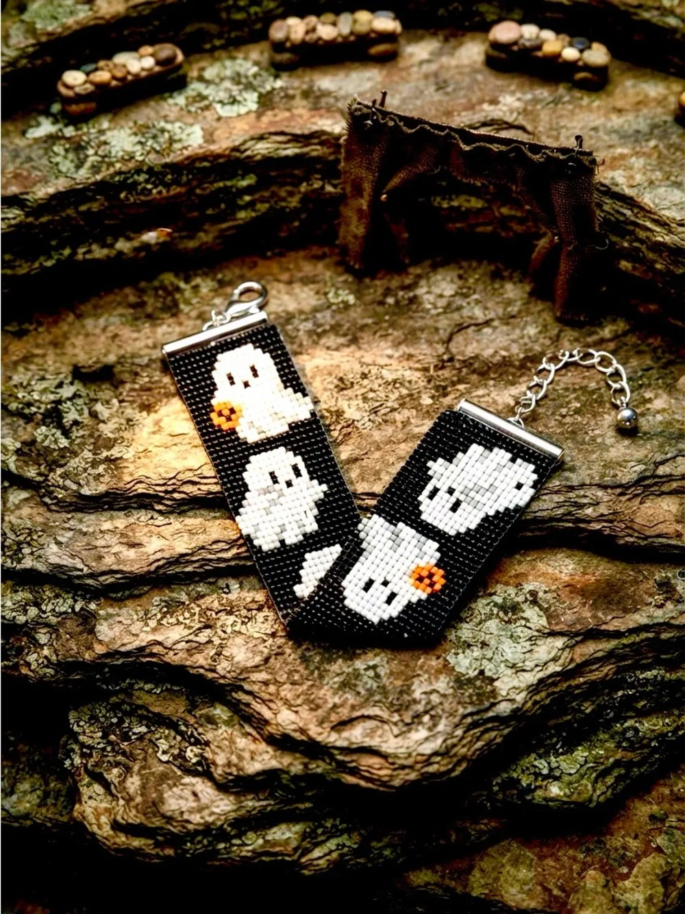 Handwoven Halloween Ghost Bead Loom Bracelet
